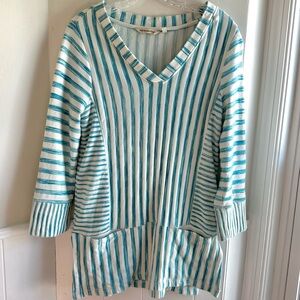 Soft Surroundings Tunic Top Briza Boho Teal Striped Beachy 3/4 Sleeve Size S